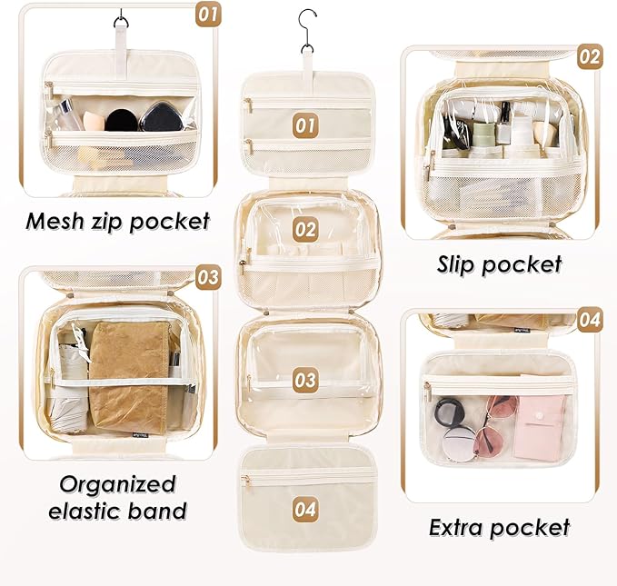 Travel Toiletry Makeup Bag for Women Hanging Toiletry Bag Cosmetic Organizer Make up Bags for Women Travel Makeup Essentials, Beige
