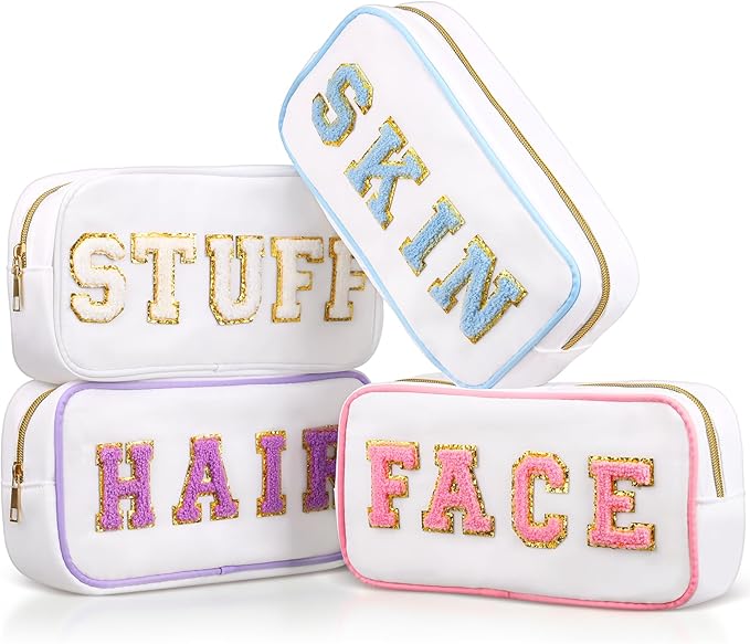 Cunno 4 Pcs Preppy Makeup Bags Chenille Letter Stuff Bag Nylon Cosmetic Pouch Cases with Zipper for Women Travel Toiletry