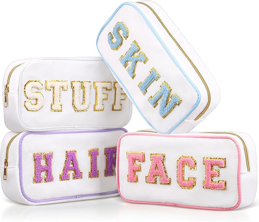 Cunno 4 Pcs Preppy Makeup Bags Chenille Letter Stuff Bag Nylon Cosmetic Pouch Cases with Zipper for Women Travel Toiletry