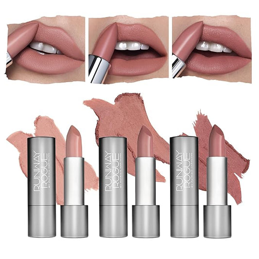 Runway Rogue 90s Vibe Lipstick Trio, Moisturizing Matte Lipstick Set, (‘Guest List’, ‘Booked Out’, ‘Front Row’)