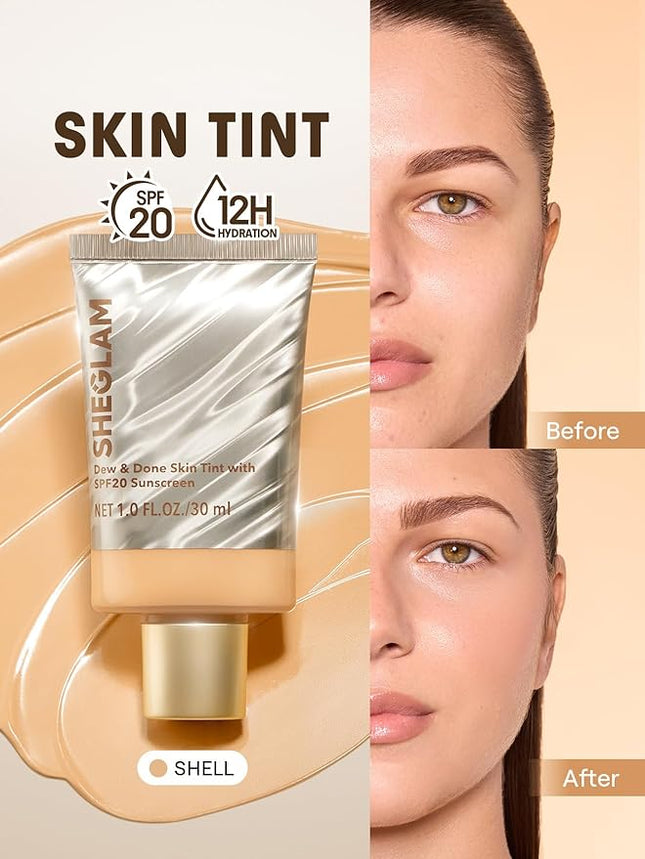 SHEGLAM Dew & Done Skin Tint with SPF20 Light-medium Coverage Foundation Evens Skin Tone-Shell