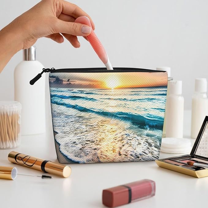 MOLAIGIN Beach Ocean Sun Set Landscape Cosmetic Bag For Women, Travel Makeup Bag, Toiletry Zipper Bag, Large Capacity Aesthetic Cases
