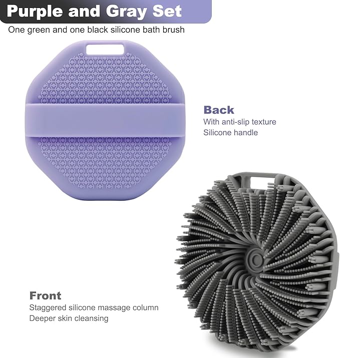 2-Pack Silicone Body Scrubber Shower Brushes,Exfoliating Body Scrubber for All Skin Type, Eco Friendly Shower Scrubber for Body, Silicone Body Brush for Showering (Gray & Purple)