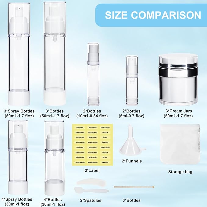 34 Pack Airless Pump Jars Set, 1.7/1/0.7/0.34oz Refillable Travel Size Containers, Leak-Proof Toiletry Bottles for Skincare and Creams, Lotion, Eye Cream, Liquid, Foundation, Shampoo