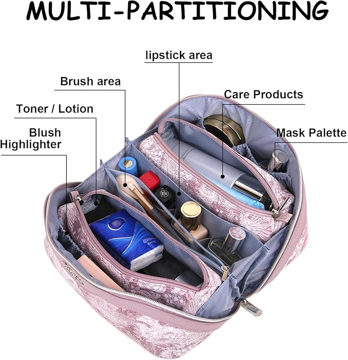 BOYATU Travel Makeup Bag for Women: Large Capacity Make up Bag with Compartments - Vegan Leather Cosmetic Bag set of 3 - Waterproof Toiletry Bag with Handle & Divider(D-01Purple)