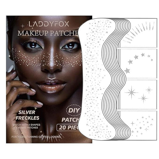 20 Pcs Silver Face Makeup Patches, Silver Glitter Freckles Face Tattoo, Easy Application Sparkle Makeup Freckles, Waterproof Glitter Freckles Patches for Women