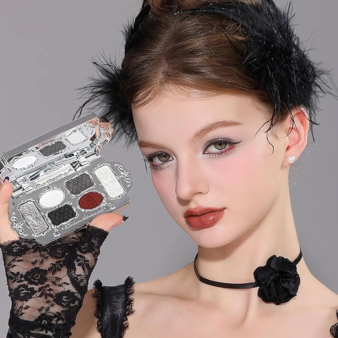 Flower Knows Swan Ballet Six-Color Makeup Palette,Eyeshadow,Blush,Highlighting & Contour All-in-One Face Makeup Palette with 4 Matte+2 Shimmer Smoky Shades(02 Black Swan,0.23 Oz)