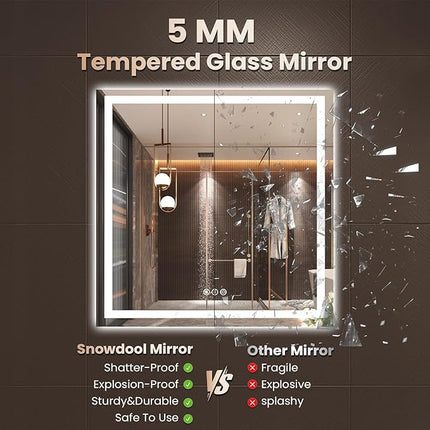 36"X36" LED Bathroom Mirror with Front Lights and Backlit, Anti-Fog, Dimmable, Shatter-Proof Tempered Glass, Lighted Bathroom Vanity Mirror for Wall with 3 Colors, Memory Function
