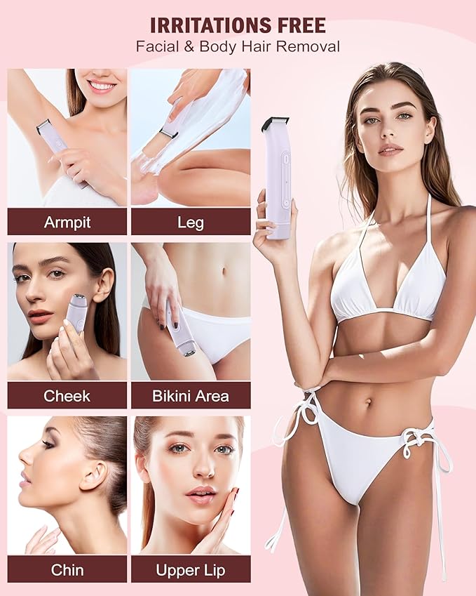 2 in 1 Women Electric Shaver - Dual Head Bikini Trimmer for Women Waterproof Wet & Dry Use Body Hair Trimmer and Facial Hair Remover, Painless Razors for Bikini Underarm Leg Arm Body Face, Purple