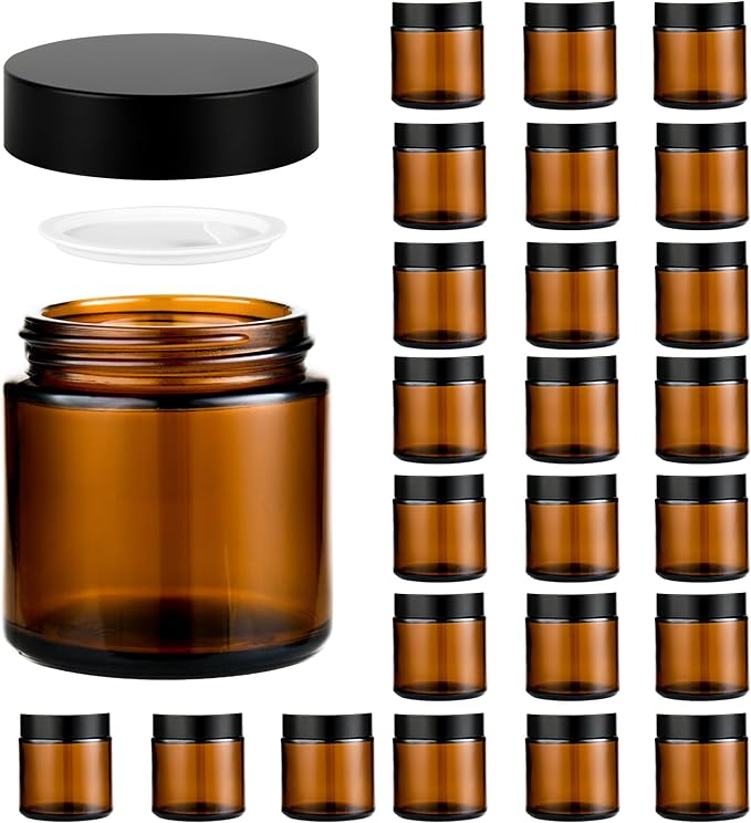 4 oz Reusable Amber Glass Container Jars 24 Pack with Wide-mouth Leak Proof Cap and Inner Pull-On Lid for Travel Storage Makeup, Face Creams, Body Lotions, DIY Crafts or Others