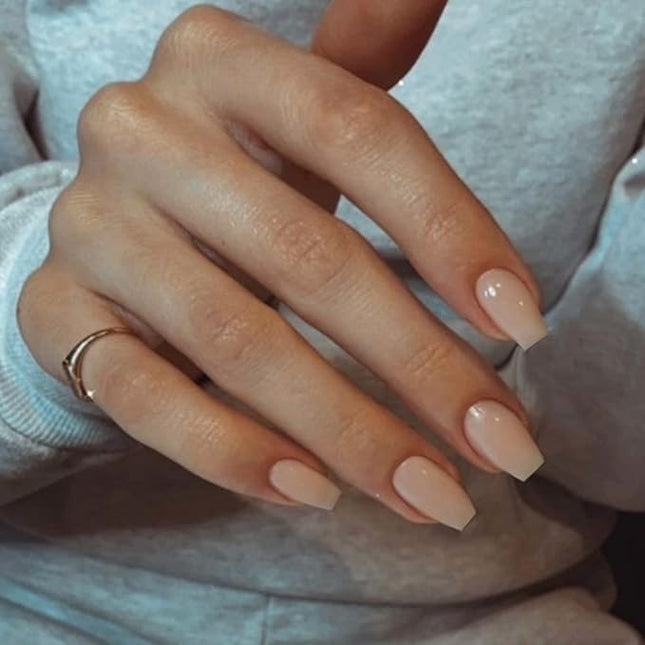 Nude Press on Nails Medium Coffin Fake Nails Press ons, KXAMELIE Full Cover False Nails Tips Medium Length Glue on Nails Natural Thick Long Acrylic Nails 24Pcs Solid Color Coffin Nails for Women
