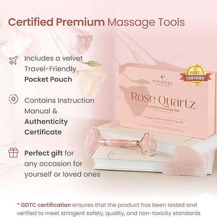 PLANTIFIQUE Face Roller and Gua Sha Rose Quartz Certified | Gifts | Guasha Tool for Face | Jawline Shaper | Your Skin Care Routine