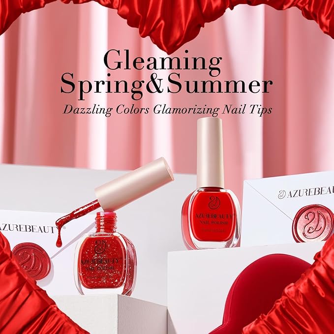 AZUREBEAUTY Red Nail Polish No Gel Quick Dry Gold Foil Glitter 2 Colors Nail Lacquer Natural Fingernail Kit DIY Salon Home Women Gifts 0.34oz