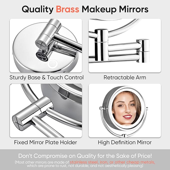 GURUN Wall Mounted Hardwired Makeup Mirror with 3 Tones Dimmable LED Lights 10x Magnifying Mirror with Touch Control for Bathroom Bedroom 13" Extendable Arm Direct Wire M1809D-T(10x,Chrome)