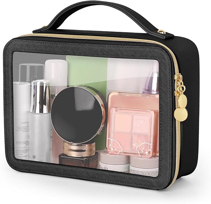 Clear Makeup Bag, Portable Travel Cosmetic Bags, Multipurpose Leather Toiletry Bag with Zipper, Waterproof Transparent Cosmetic Organizer for Women, Large, Black