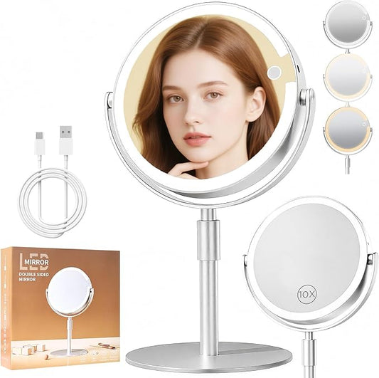 Makeup Mirror with Lights, 8" Double Sided 1x/10x Magnifying Vanity Mirror with 3 Color Lights, Rechargeable, 360° Rotation and Adjustable Height, Gift for Women Her
