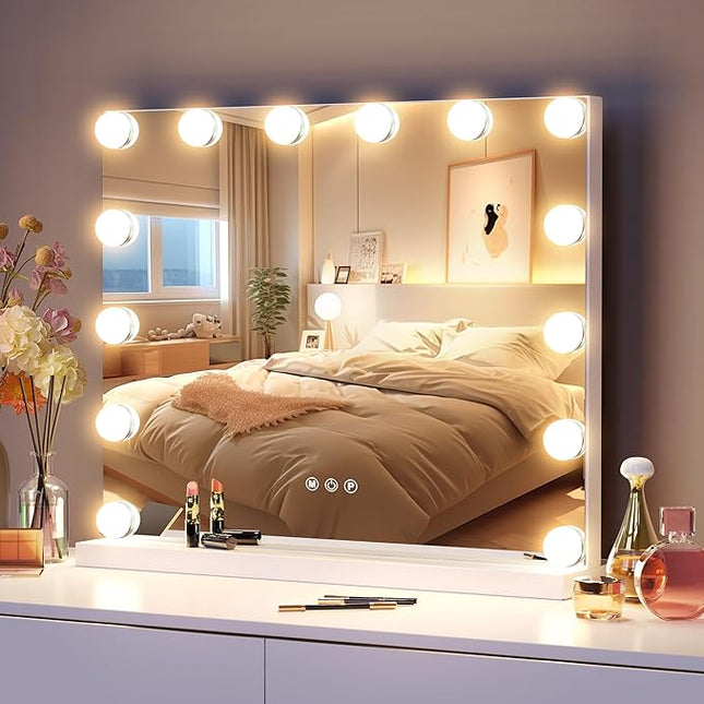 Hollywood Vanity Mirror with 14 LED Bulbs, Professional Lighted Makeup Mirror with Adjustable Brightness & 3 Color Temperatures, Light up Mirror for Bathroom, Dressing Room