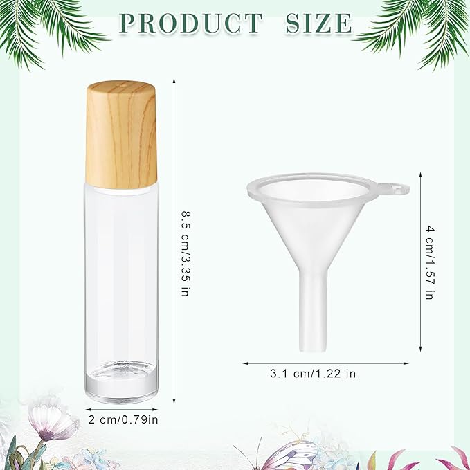 Sumind 150 Pcs Essential Oil Roller Bottles 10 ml Glass Empty Roll on Bottles with Stainless Steel Balls Leak Proof with 5 Funnel for Travel Essential Oil(Clear, Wood)