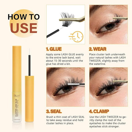 QUEWEL Lash Clusters Bond Eyelash Cluster Glue for DIY Lash Extensions, 5ML Cluster Lashes Glue Waterproof&Long Lasting, Super Strong Hold Eyelash Clusters Bond Suitable for All Day Wear (Clear)