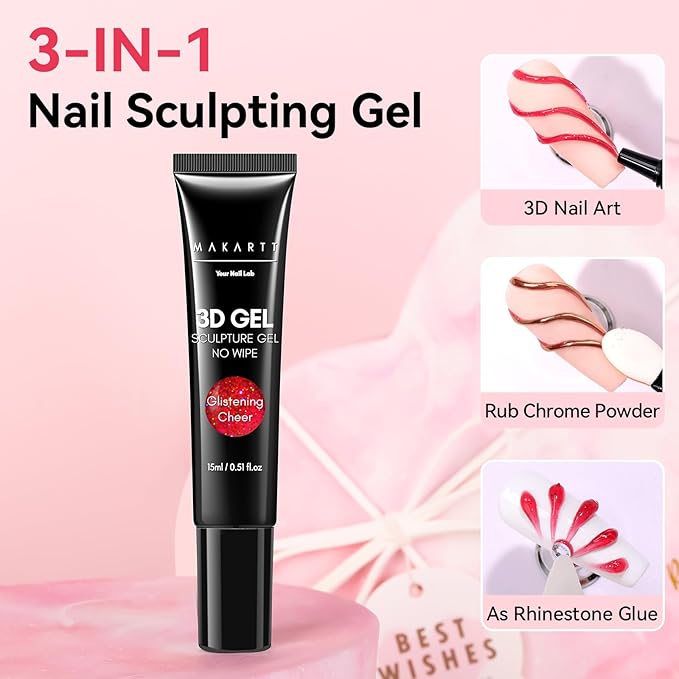 Makartt 3D Gel Nail Art: 3D Sculpting Gel for Nail Art Design 15ml 3 in 1 No Wipe Gel Polish for Drawing Carving Nails Gel, Molding Embossed Gels for Nail Decoration DIY Manicure - Glistening Cheer