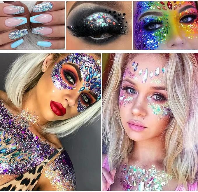 Blue Face & Body Glitter Gel - Mermaid Sequins Lip Eye Nails Hair Festival Rave Accessories, Liquid Holographic Chunky Glitter, 50g