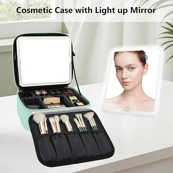 Travel Makeup Bag with LED Mirror Travel Makeup Organizer with 3 Lighted Settings, Adjustable Dividers and Makeup Brush Storage Bag Light Green