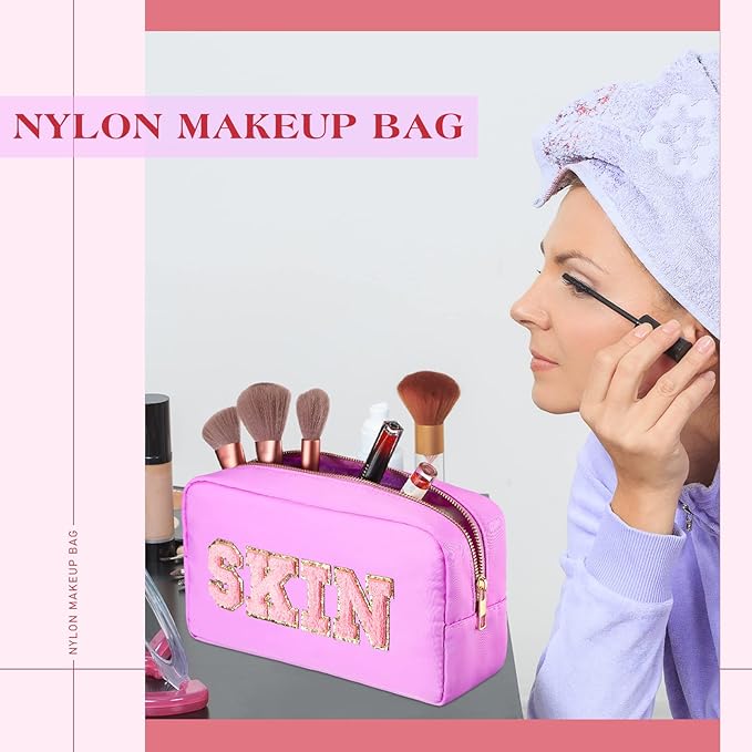 Cunno 4 Pcs Preppy Makeup Bags Chenille Letter Stuff Bag Nylon Cosmetic Pouch Cases with Zipper for Women Travel Toiletry