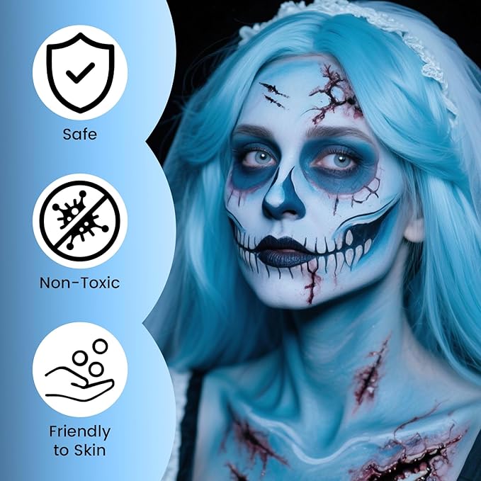 Light Blue Black White Oil Based Face Paint Kit with Painting Brushes, Professional Full Coverage Greasepaint for Adults Halloween Cosplay SFX Sally Corpse Bride Makeup Carnival Theater