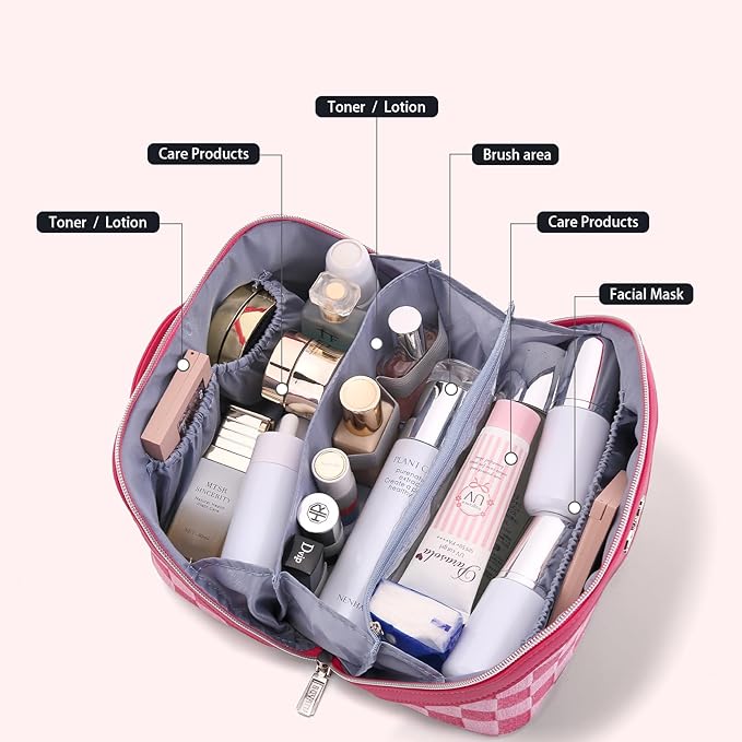 BOYATU Travel Makeup Bag for Women: Large Cosmetic Bag Set of 3 - PU Leather Make up Bag with Compartments - Compact Waterproof Toiletry Bag with Divider & Handle (C-04Red)