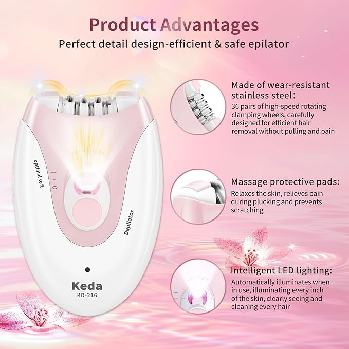 Epilator for Women, 2 Speeds Epilators Hair Removal for Women with LED Light, Hair Removal Device with 36 Tweezers，Painless Smooth Rechargeable Epilator for Face, Bikini, Arms, Legs, Armpits