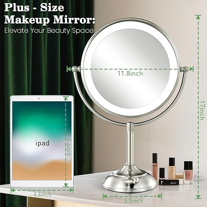 VESAUR 11.8" Extra Large 17" Tall Lighted Makeup Mirror, 1X/5X Double Sided Magnifying Mirror with 96 LEDs, 3 Color Modes & Adjustable Brightness, 360° Rotation, Nickel Finish - Great Gift for Women