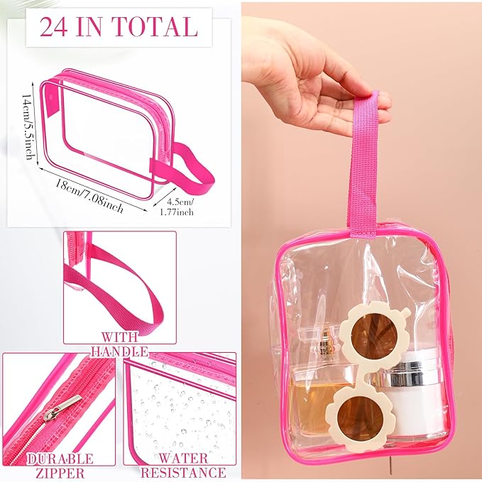 Silkfly Clear Toiletry Bag PVC Travel Cosmetic Bag with Handle Strap Makeup Pouch with Zipper Summer Vacation Salon Graduation Gift End of the Year Gifts(Rose Pink,24 Pack)