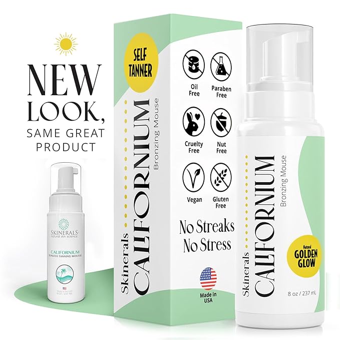 Skinerals Organic Self Tanner Mousse, Sunless Tanning Foam for Face & Body, Streak-Free, Quick-Drying, Long-Lasting Self Tan, 8 Oz, Californium