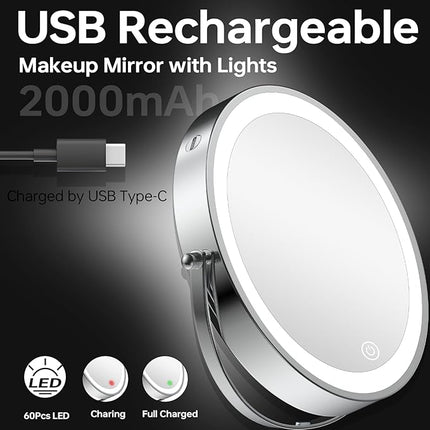 1X/20X Wall Mounted Makeup Mirror with Lights, 8" Double Sided Bathroom Magnifying Mirror with 360° Extension Arm, Dimmable, Rechargeable, Touch Control, Chrome