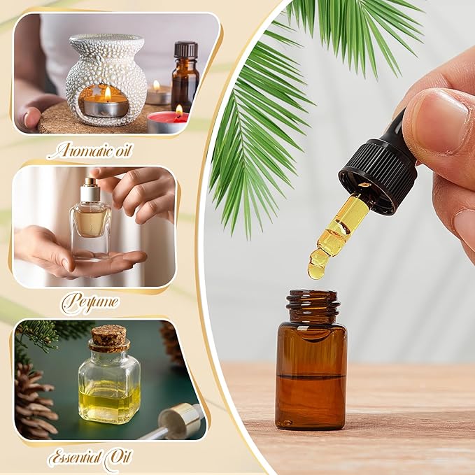 200 Pcs Mini Glass Oil Dropper Bottle Bulk, Clear Essential Small Empty Bottles Sample Containers Perfume Liquid Vials with Cap for Traveling (3 ml,Amber)