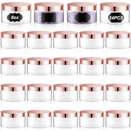 Dandat 24 Pcs 8 oz Plastic Jar Container with Lid and Label Refillable Empty Round Clear with Rose Gold PET Cosmetic Sample Containers for Lotion, Cream, Ointments, Body Butter, Makeup, Travel Storage