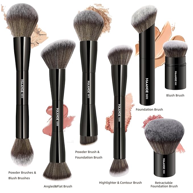MAANGE 7pcs Makeup Brush Set Double Sided Kabuki Makeup Brushes Contour Brush for Foundation Liquid Powder Concealer Cream Cosmetics Bronzer Blending Blush Buffing Makeup Tools (Black)