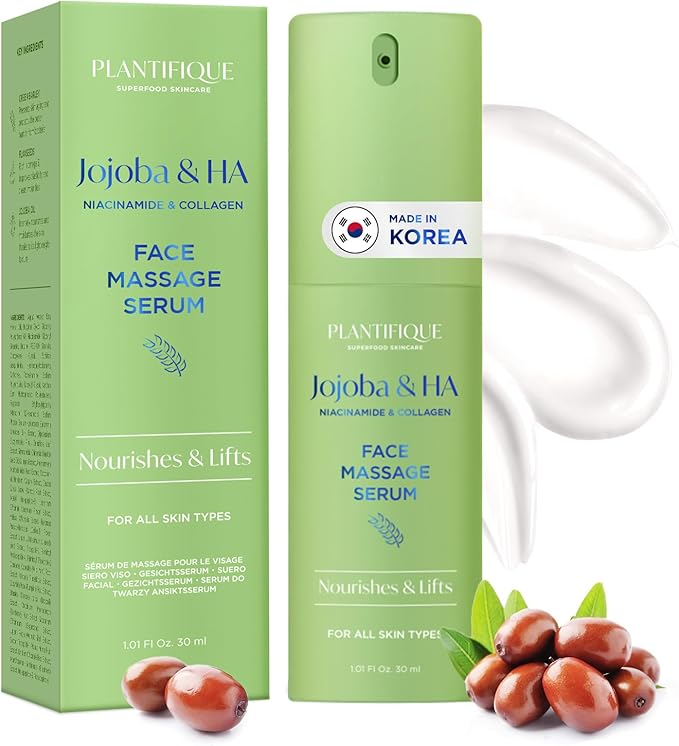 PLANTIFIQUE Korean Jojoba Oil & Hyaluronic Acid Face Massage Serum – Hydrating Anti-Aging Collagen & Niacinamide Formula – Perfect for Gua Sha Facial Massage – Gift for Men & Women