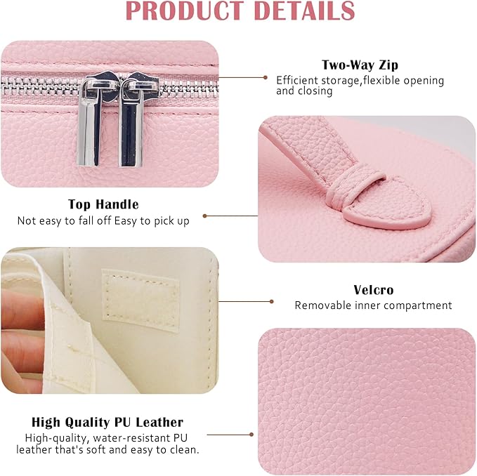 KJMYYXGS Leather Makeup Bag with Dividers Make Up Organizers with Compartments and Handle for Vanity Travel Makeup Countertop Case (pink)