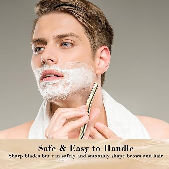 Eyebrow Razor, Face Razors for Women and Men, Reusable Metal Handle with 6 Refill Blades, Eyebrow Trimmer with Precision Cover, Dermaplane Razor, Skin Care Tool - Gold