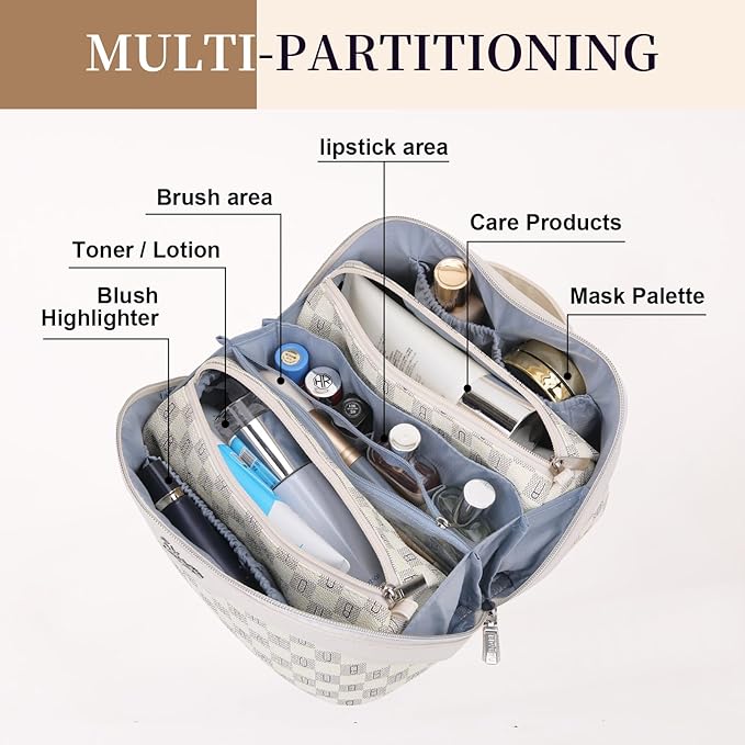 BOYATU Travel Makeup Bag Cosmetic Bags for Women: 3 Pcs Set Portable Make up Bag with Handle - Vegan Leather Toiletry Bags with Compartments - Makeup Organizer for Travel Essentials(02-Beige)