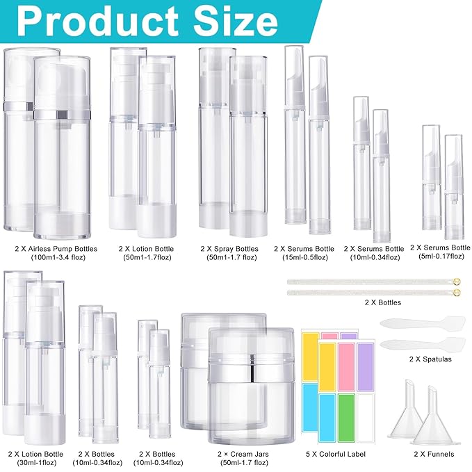 Meanplan 32 Pack Airless Pump Jars Set 3.4/1.7/1/0.34oz Refillable Travel Cosmetic Container Mini Leak Proof Atomizer Spray Bottle Skincare Dispenser for Toiletry, Cream Lotion, Foundation, Shampoo