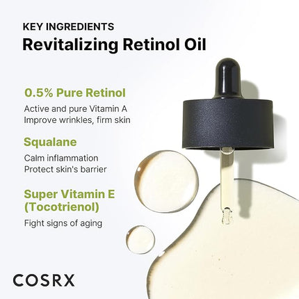 COSRX Retinol 0.5 Oil, Anti-aging Serum with 0.5% Retinoid Treatment for Face, Reduce Wrinkles, Fine Lines, Gentle Skincare for Day & Night, Not Tested on Animals, Korean Skin Care