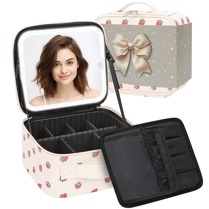 Makeup Bag With LED Mirror, Travel Makeup Case with Light up Mirror Fashion Cute Cosmetic Bag with 3 Color Lighted Portable Organizer Case with Adjustable Dividers （Strawberry/Beige,Small）