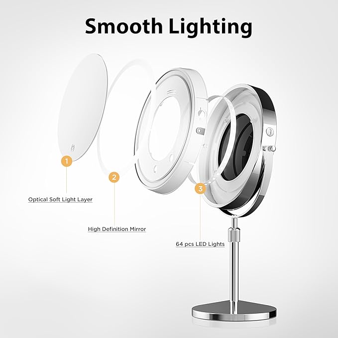 Makeup Mirror, 1X/30X Double Sided Magnifying Mirror/Switch with 3 Colors, 3200 mAh Rechargeable, 8" Lighted Makeup Mirror with Magnification, Adjustable Brightness, for Vanity or Bathroom