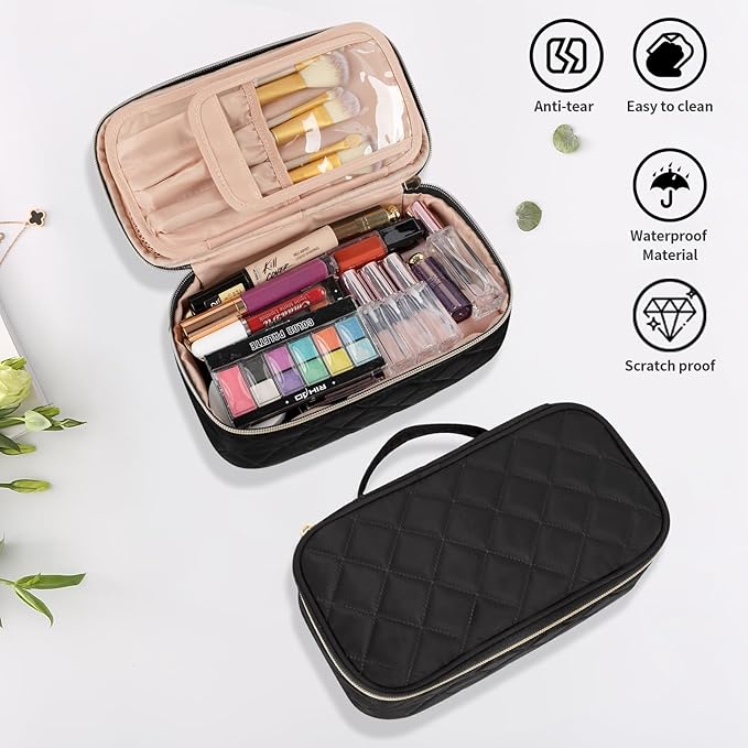 OCHEAL Small Makeup Bag,Portable Cute Travel Makeup Bag Pouch for Women Girls Makeup Brush Organizer Cosmetics Bags with Compartment-Rhombus Black