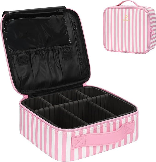 Relavel Travel Makeup Train Case, Cosmetic Case Makeup Organizer, Professional Artist Storage Bag with Adjustable Dividers for Cosmetics Brushes, Birthday Gifts for Girls and Women, Pink Stripe