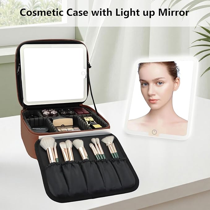 Travel Makeup Bag with LED Mirror Travel Makeup Organizer with 3 Lighted Settings, Adjustable Dividers and Makeup Brush Storage Bag Dark Brown