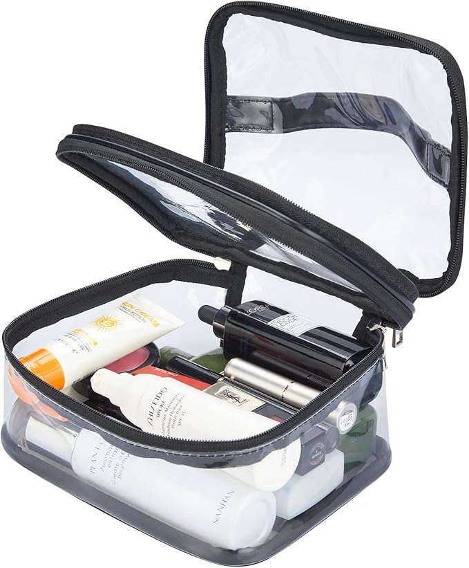 Double Layer Clear Cosmetic Bag Makeup Bag, Waterproof Travel Toiletry Bag, Transparent PVC Hair & Nail Accessories Pouch Beach Bag Organizer (Black)