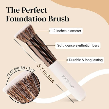 Keshima Foundation Brush Flat Top Kabuki - Premium Foundation Brush for Liquid Makeup, Cream, and Powder - Buffing, Blending, and Face (Regular Size, White)